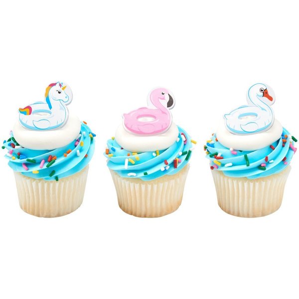 Cakedrake Summer Theme Cake Topper, Flamingo-Swan-Unicorn Pool Floaties- Cupcake Rings 12/PKG CD-DCP-27170-12/PKG